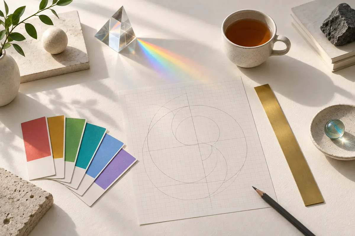 A designer's worktable seen from above: color swatch cards, a glass prism, graph paper with faint pencil curves and a cup of tea