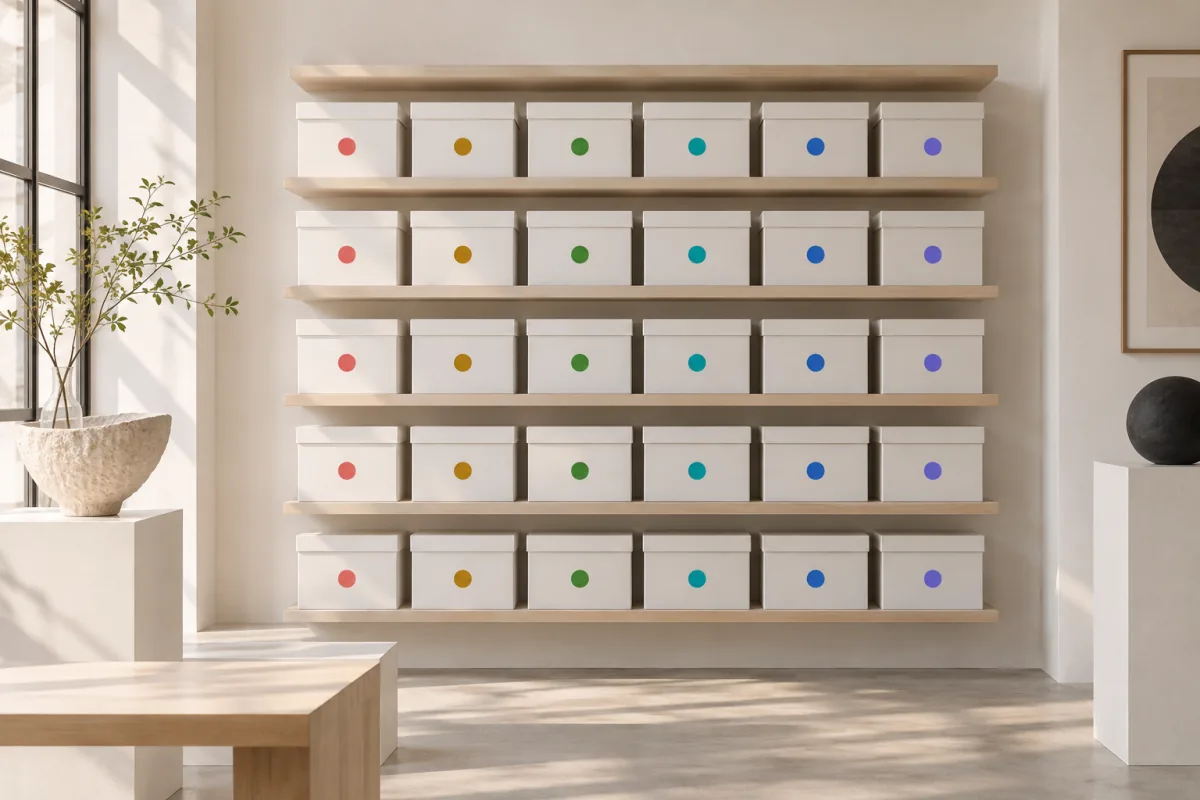 A wall of identical small white boxes on pale wooden shelves, each marked with a single colored dot