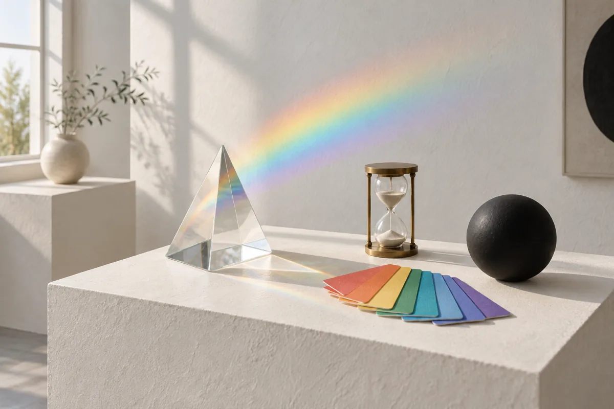 A glass prism on a white plinth casting a soft rainbow across a gallery wall, beside a brass hourglass, fanned color cards and a black sphere