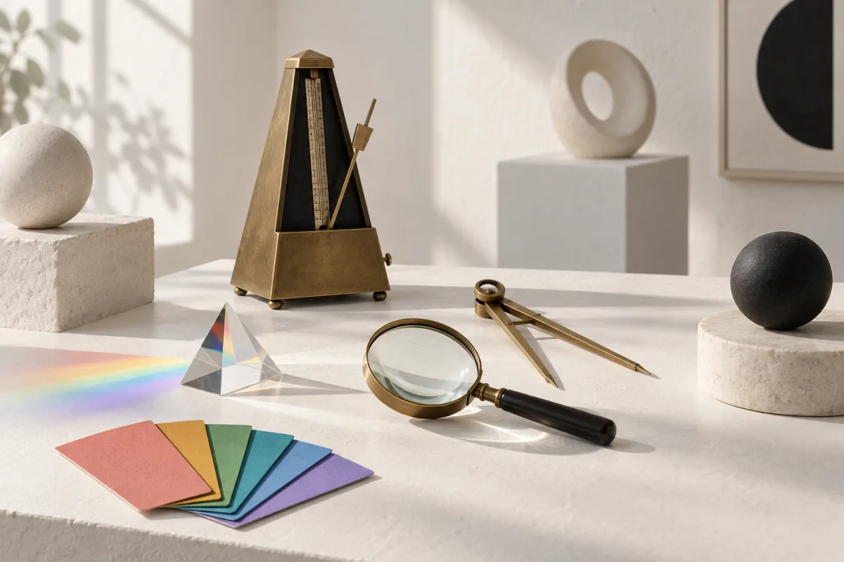 Classic perception lab instruments on a white table: a brass metronome, plain calipers, a magnifying lens, a glass prism and fanned color cards