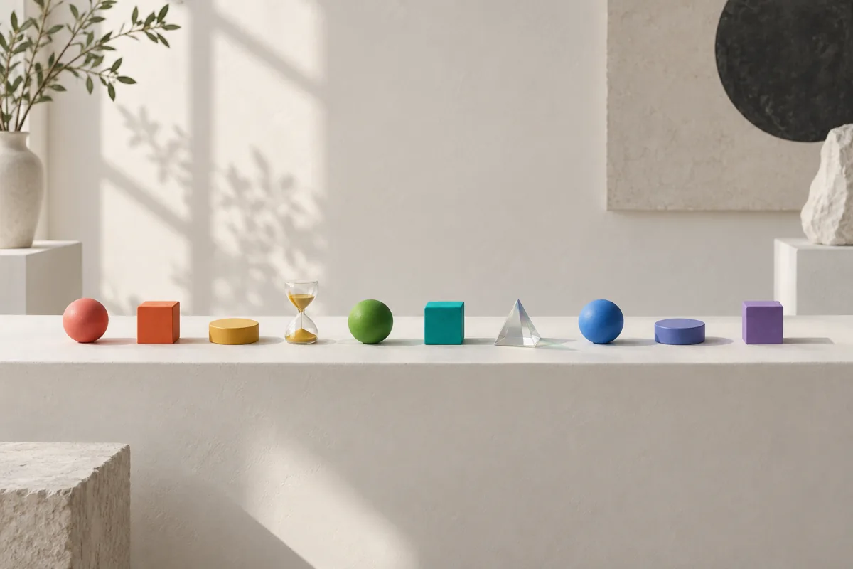 Ten small painted objects lined up along a long white shelf in rainbow order, from a coral sphere to a violet disc