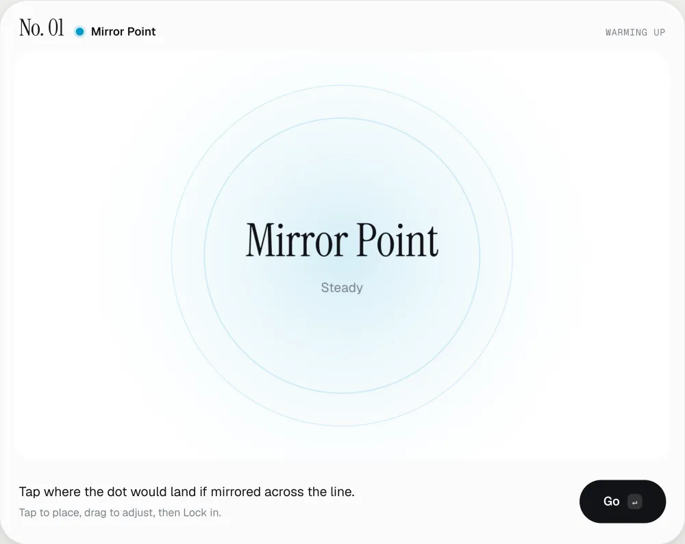 A Perceptle test card at the brief: No. 01 and Mirror Point at the top, the test name in soft blue rings, the one-line instruction and the Go button