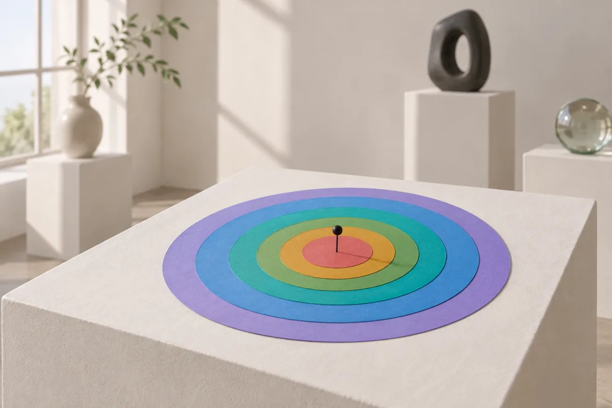 Concentric rings of thin colored paper laid flat on a white plinth like a target, with a black pin very near the center