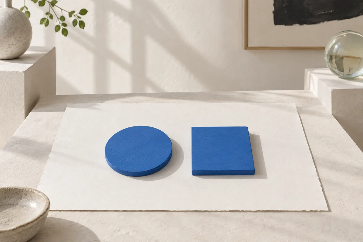 A painted blue disc and a painted square tile of the same area lying side by side on white paper, with soft shadows