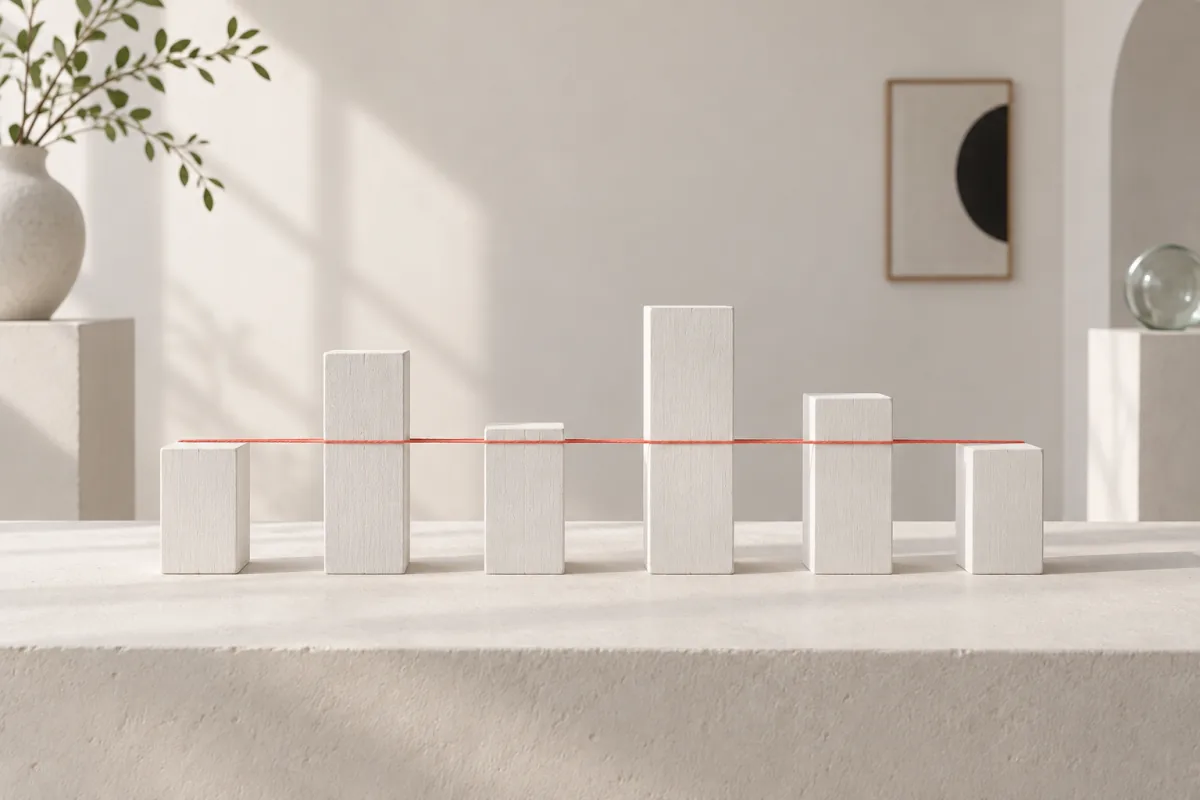 A row of white wooden blocks of different heights standing in a line, with one thin coral thread stretched across them at their average height
