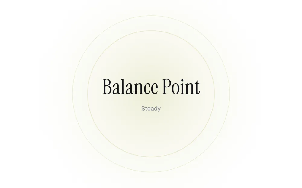 The Balance Point test before a round: its name in large serif type inside soft olive green rings, with the level word Steady underneath