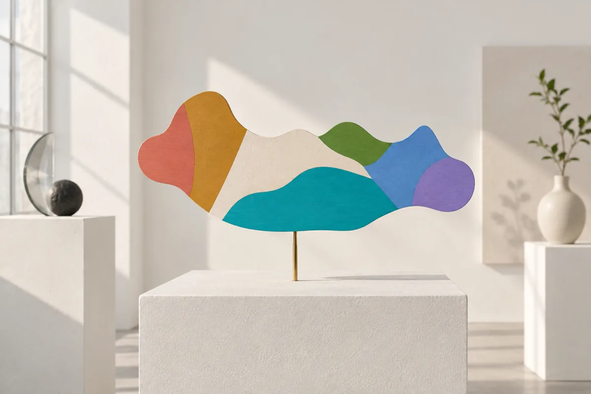 An irregular flat shape cut from painted wood, balanced perfectly level on the tip of a single brass pin on a white plinth