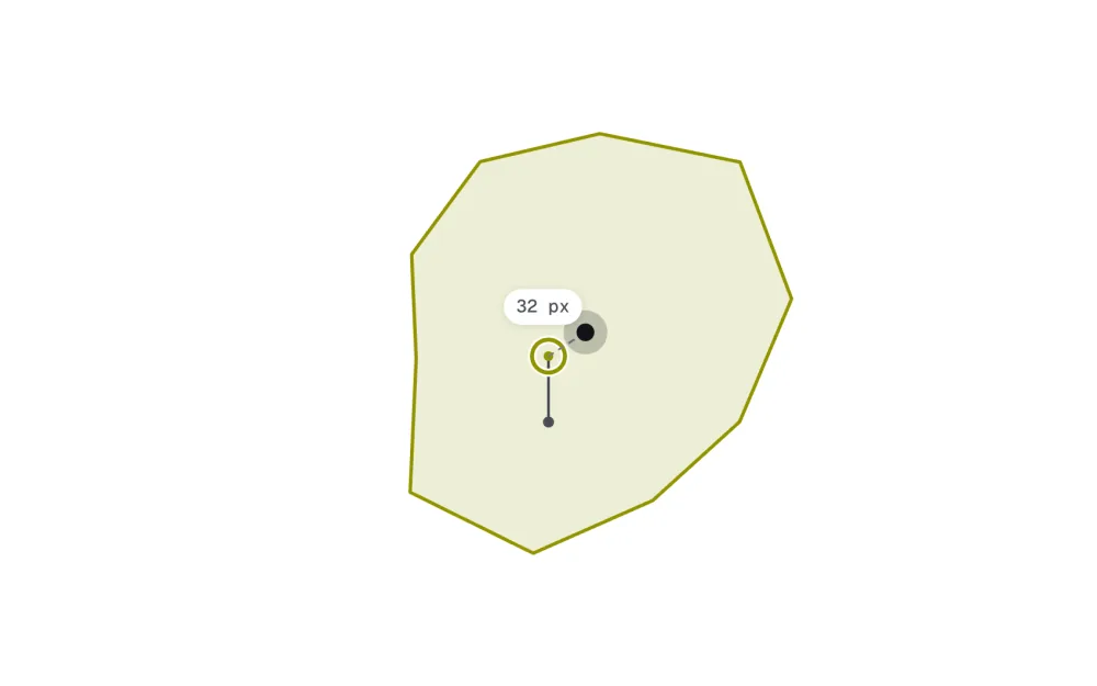 A balance point reveal: the olive shape tipped on the pin toward its heavy side, the true balance point shown as a dark dot, and the distance 32 px
