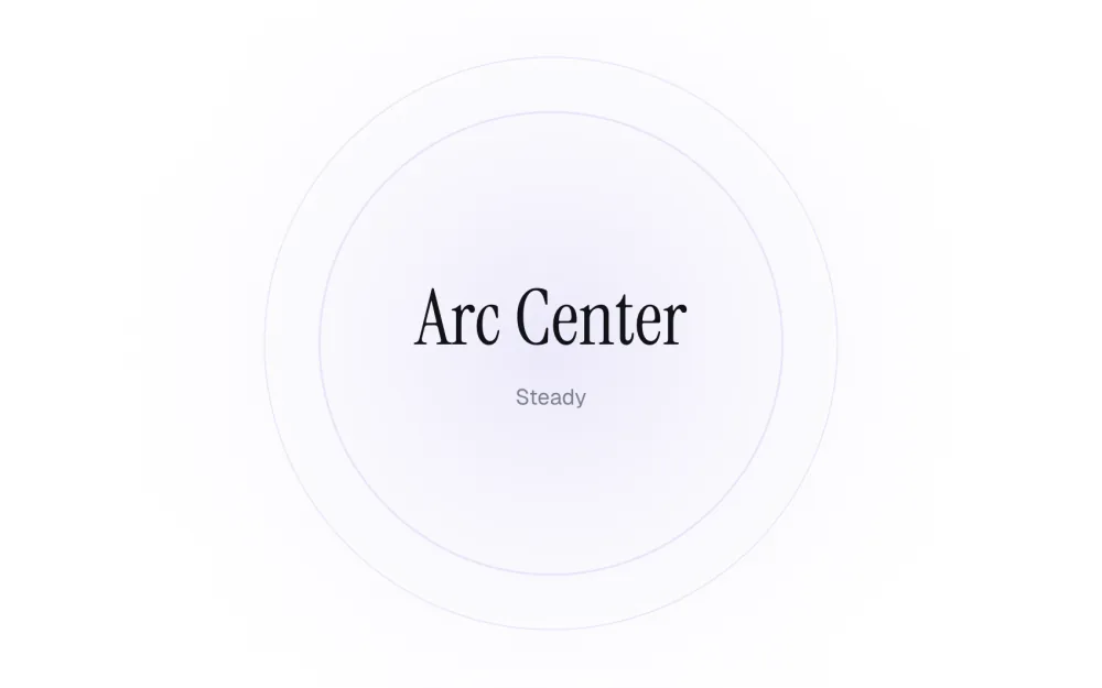 The Arc Center test before a round: its name in large serif type inside soft violet rings, with the level word Steady underneath