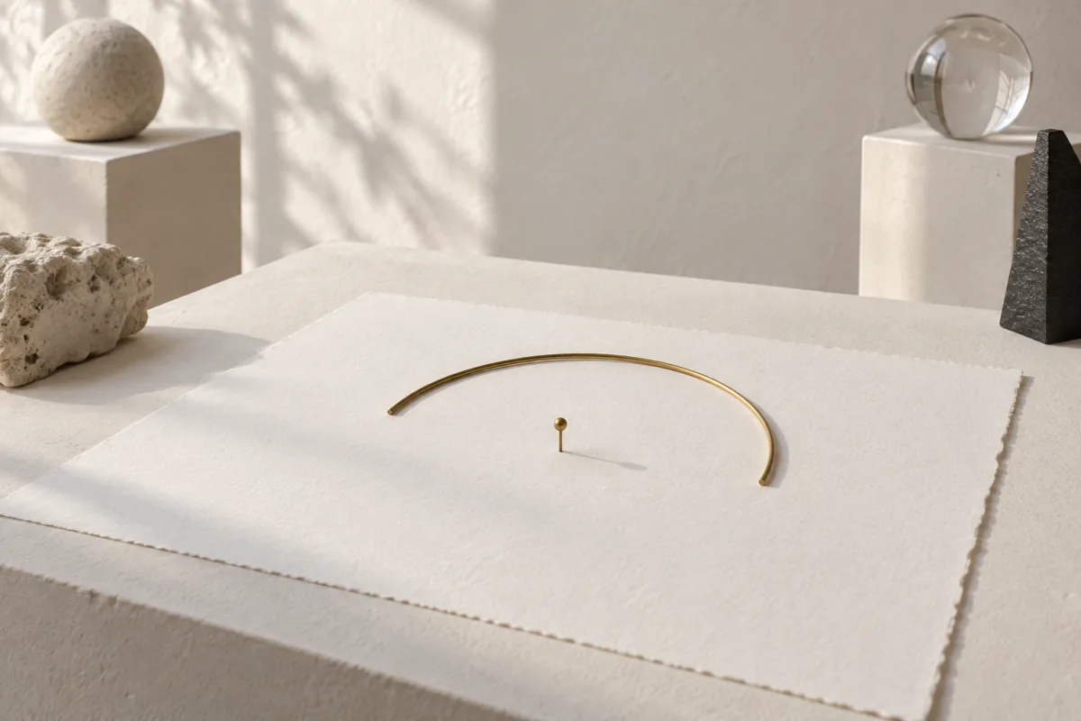 A partial arc of thin brass wire, about a third of a circle, lying on white paper with a single pin pushed in at the circle's center