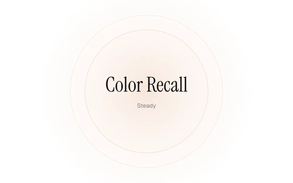 The Color Recall test before a round: its name in large serif type inside soft orange rings, with the level word Steady underneath