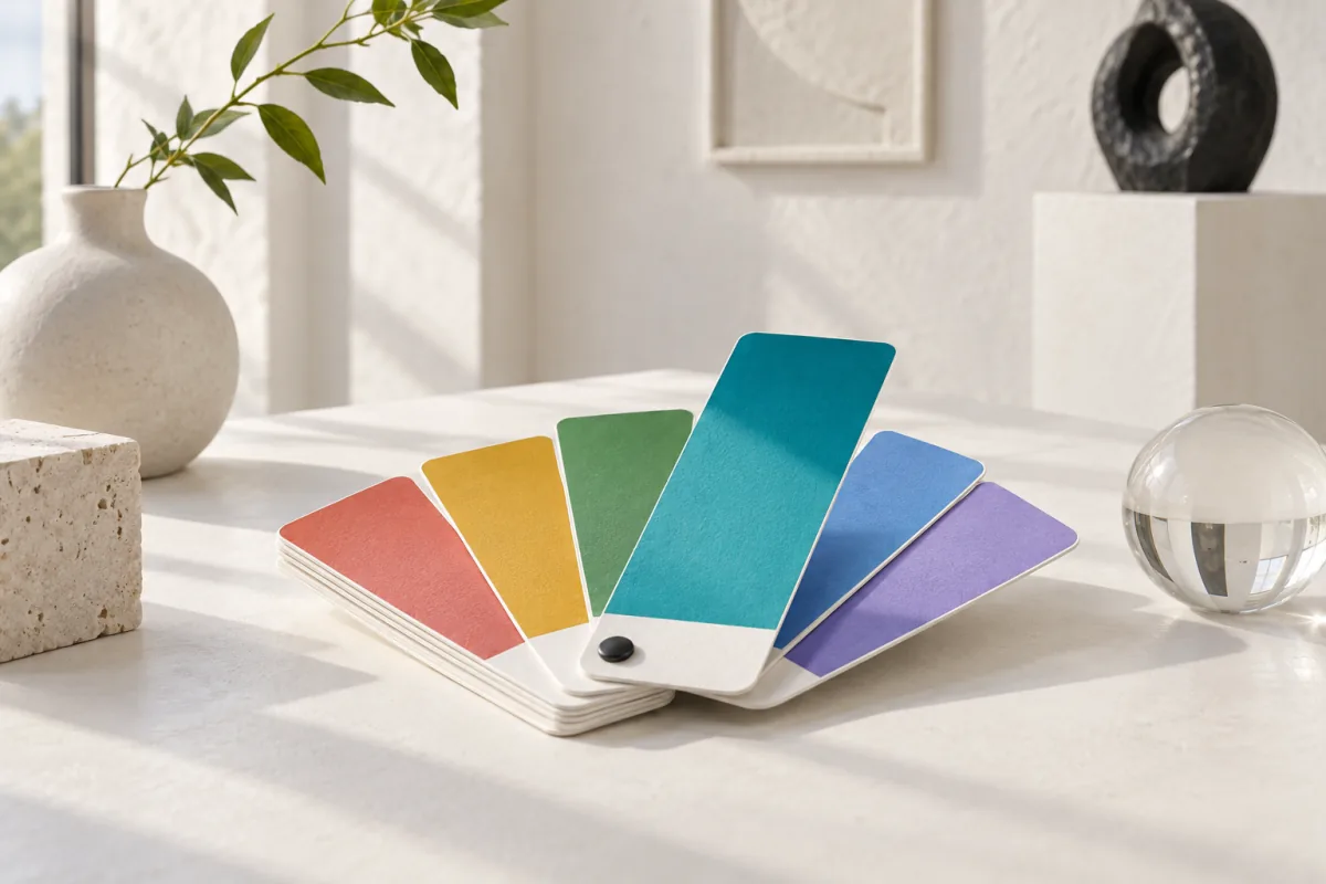 A fan of painted color swatch cards on a white table, one teal card lifted slightly above the others and catching the light