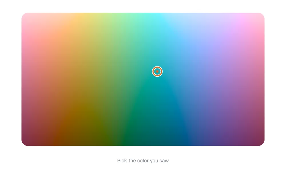 The full color field with hue running across and lightness running up and down, a ring placed on the pick and Pick the color you saw underneath