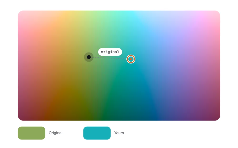 A color memory reveal: the color field with the pick ring and the original marked, and Original and Yours swatches side by side below