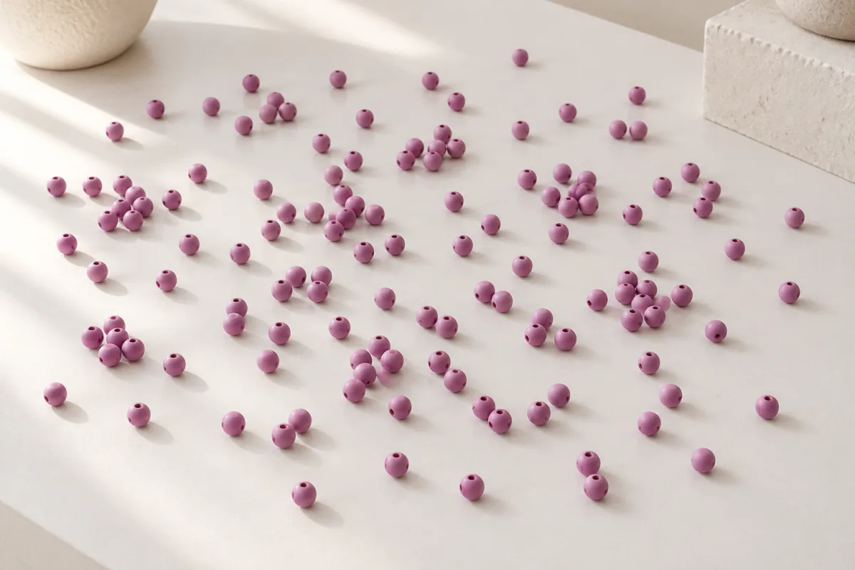 A still-life photo of small identical painted wooden beads scattered across a white tabletop, too many to count at a glance