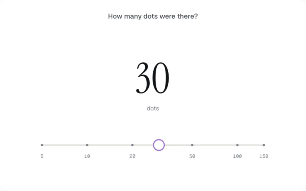 The Dot Count number line while answering: a line from 5 to 150 with marks at 10, 20, 50 and 100, and the player's estimate shown large above it