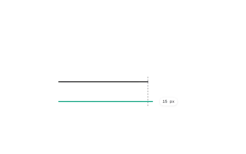 The Arrow Lines reveal: a dashed guide marks where the matching length ends, with the difference labeled 15 px
