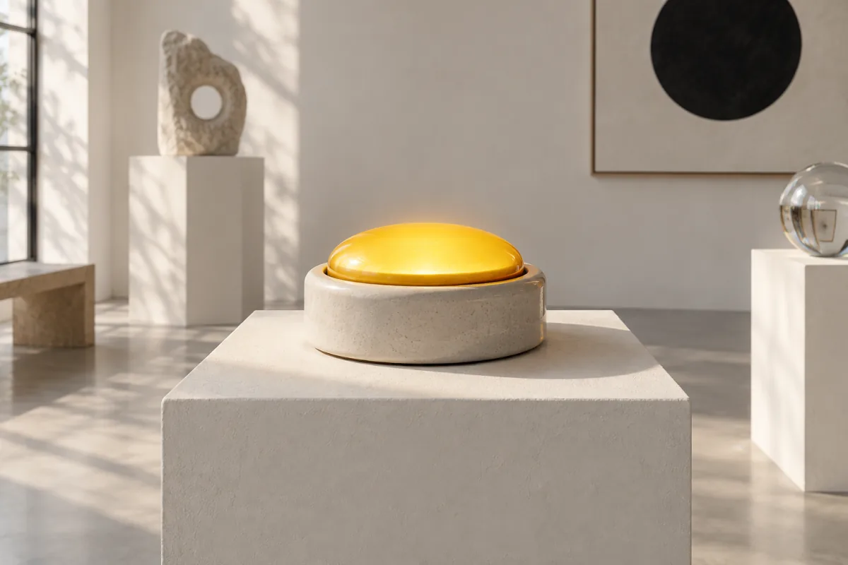 A large round ceramic push button on a white plinth, its top glowing bright saffron in a quiet gallery
