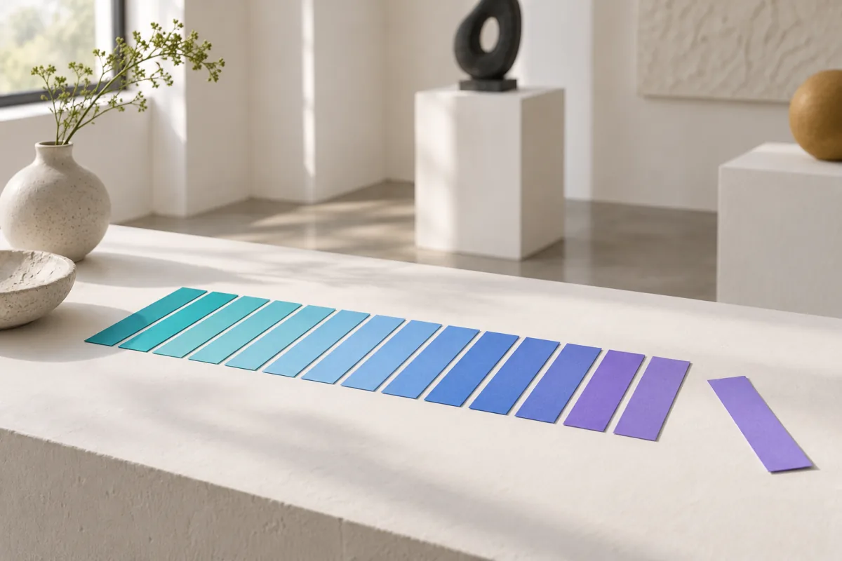 A long row of paper strips forming a smooth gradient from teal to violet on a white table, with one loose strip lying apart from the row