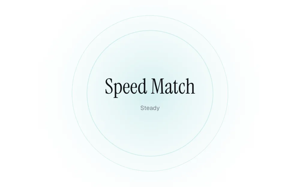 The Speed Match test before a round: its name in large serif type inside soft teal rings, with the level word Steady underneath