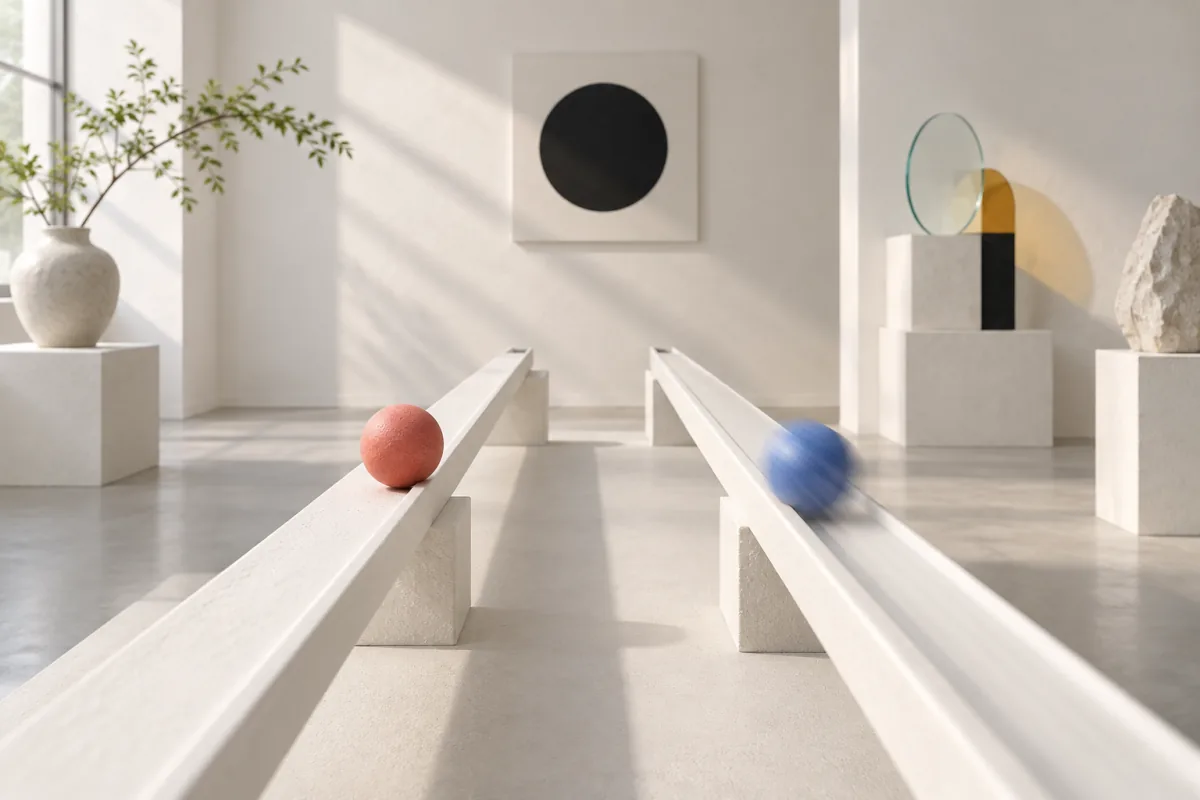 Two small spheres on parallel white rails receding in perspective, one sharp and still, the other blurred with motion