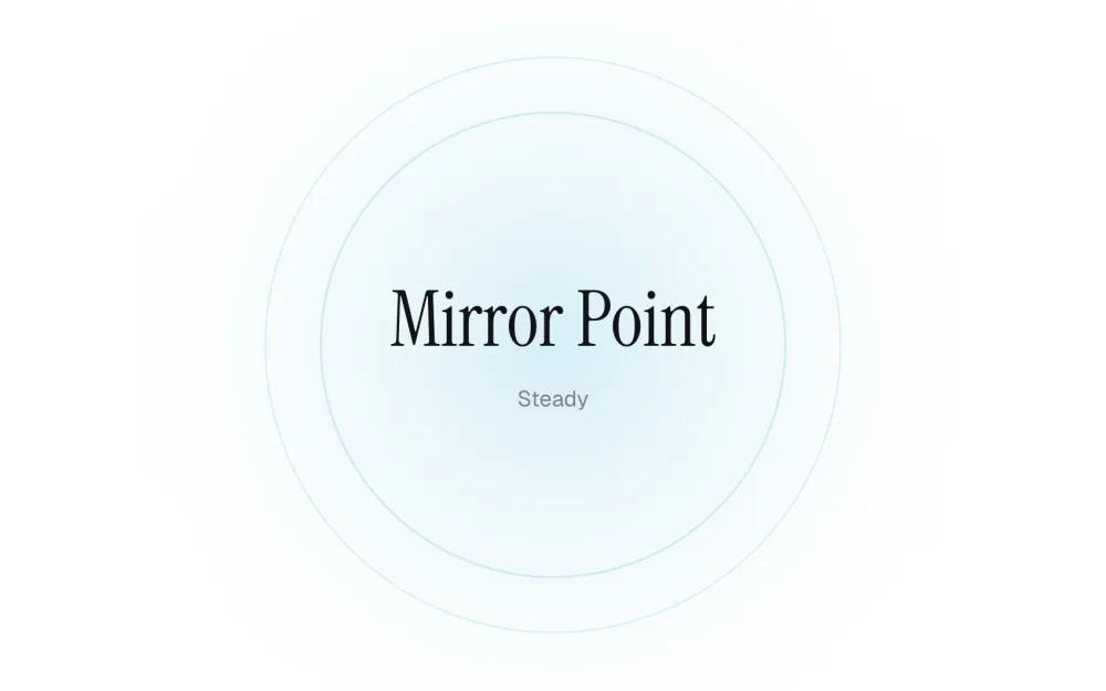 The Mirror Point test before a round: its name in large serif type inside soft blue rings, with the level word Steady underneath