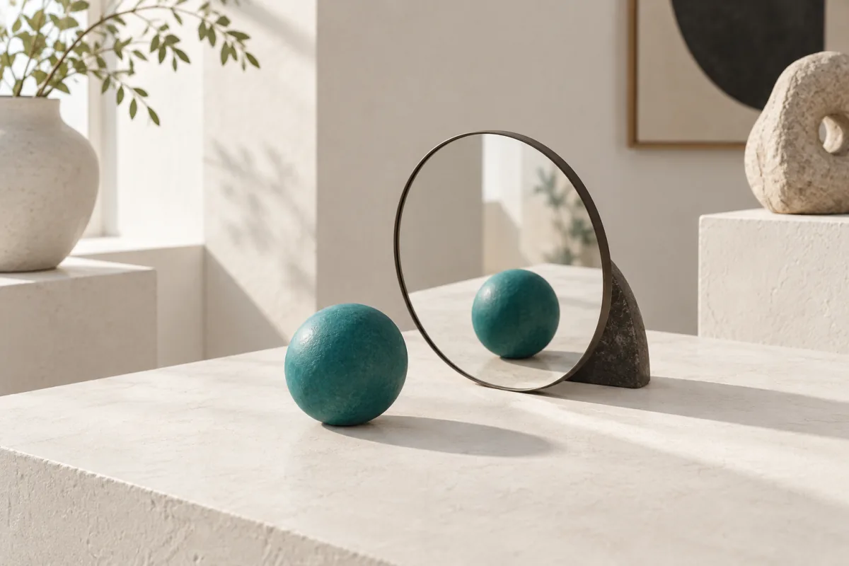 A small round mirror standing upright at a slant on a white surface, reflecting a single colored sphere so the sphere and its reflection sit symmetrically