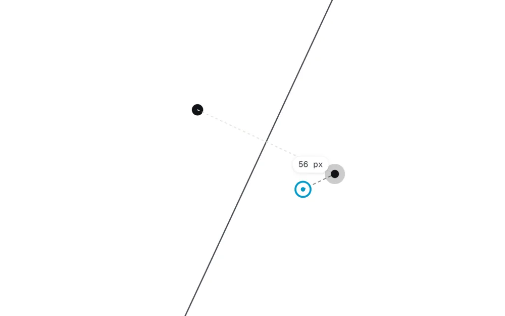 The Mirror Point reveal: a dark dot at the true reflection, a faint dashed line from the original dot to it, and the player's ring linked to it with the distance 56 px