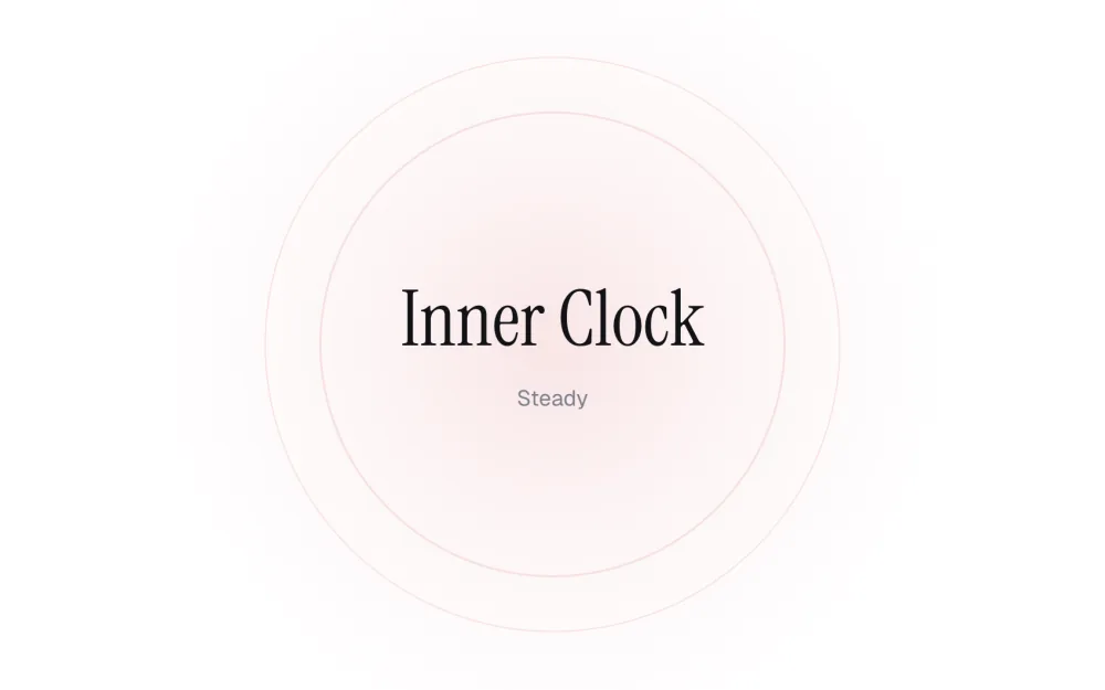 The Inner Clock test before a round: its name in large serif type inside soft red rings, with the level word Steady underneath