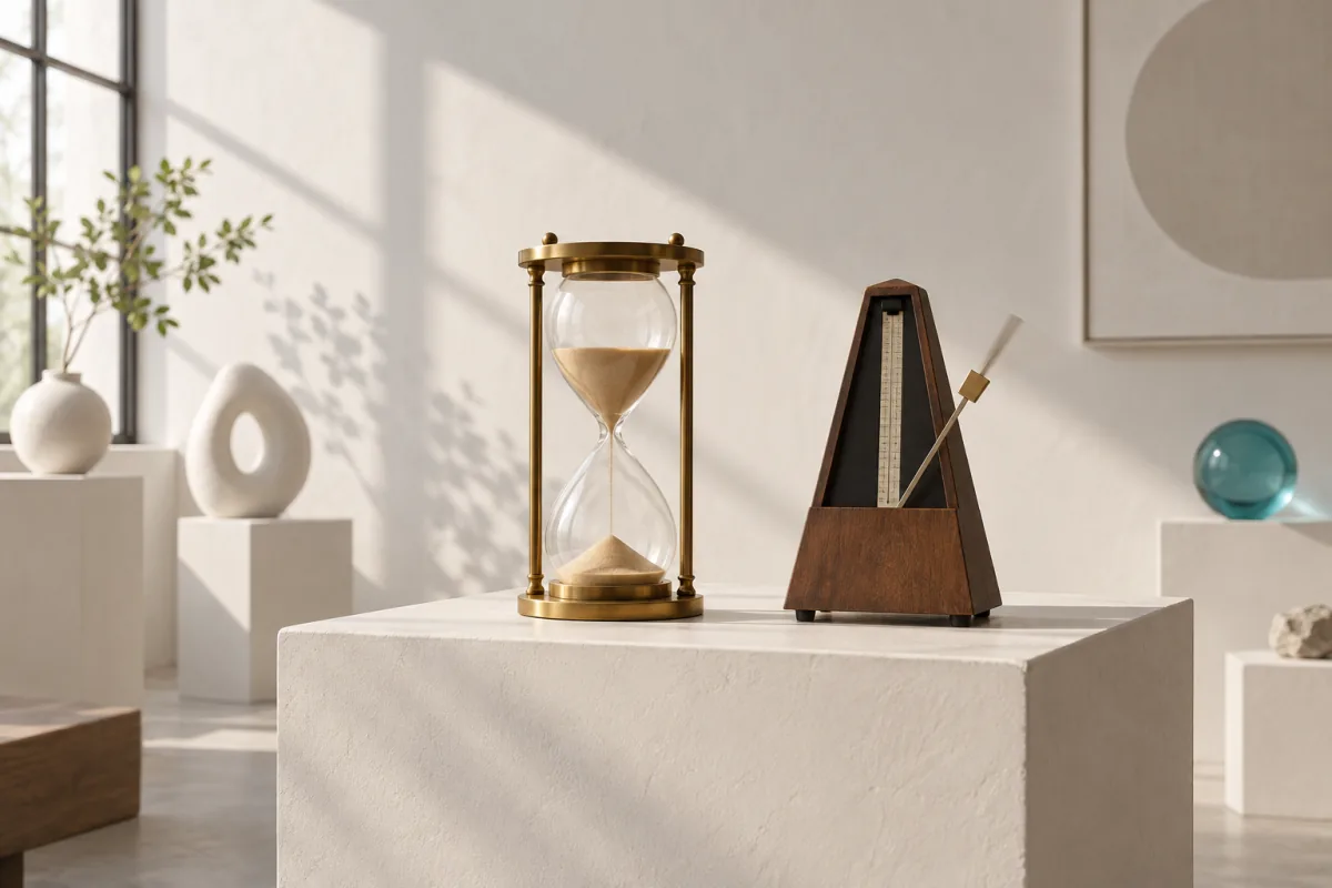 A brass hourglass with sand mid-fall beside a wooden metronome, its arm caught mid-swing, on a white plinth