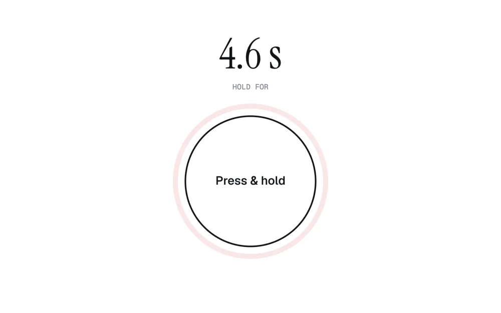 The time perception test mid-round: the target 4.6 s with HOLD FOR above it, over a large white circle that reads Press & hold