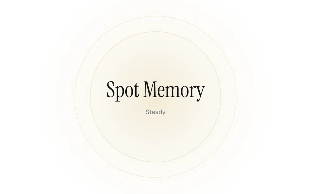 The Spot Memory test before a round: its name in large serif type inside soft mustard gold rings, with the level word Steady underneath