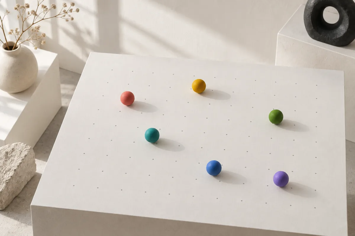 Six small painted spheres in different colors scattered across a white tabletop marked with a faint grid of pencil dots, seen from a high angle