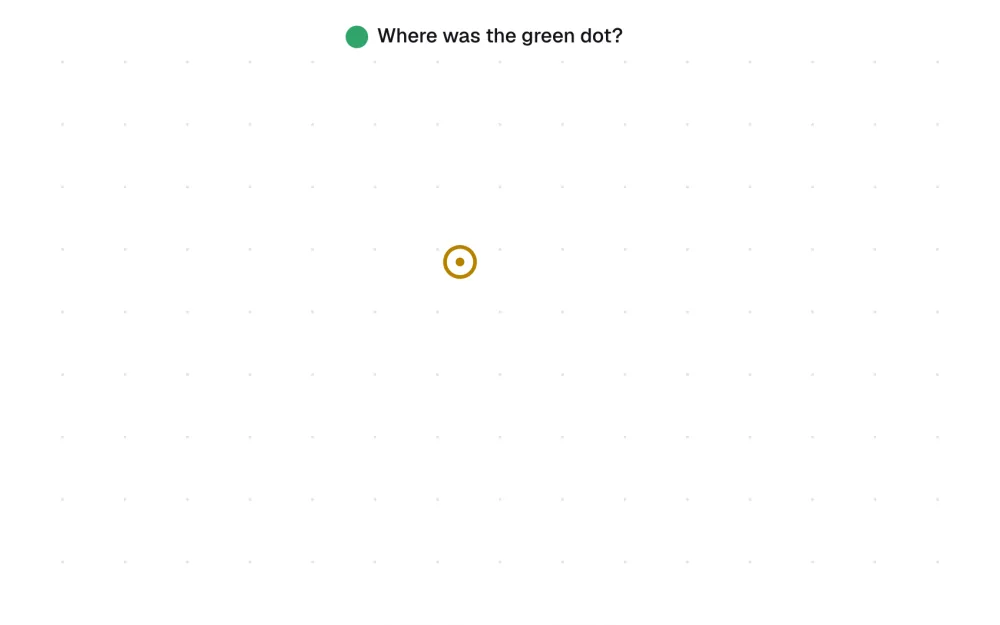 The dot grid after the dots have vanished, with the question Where was the green dot? and a ring placed where the player tapped