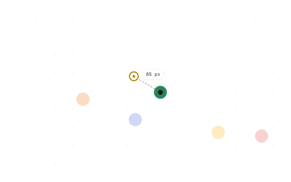 A visual memory reveal: the faded dots back on the grid, the asked dot solid, and a dashed line from the pick ring marked 85 px