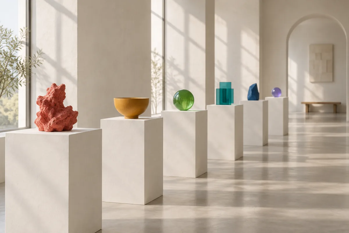 A long bright gallery corridor of white plinths receding into the distance, each holding one small colored object